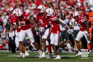 Nebraska Cornhuskers celebrate Jacory Barney Jr. (2) 57-yard punt return against the Michigan State Spartans in the second quarter during a college football game on Saturday, October 4, 2025, in Lincoln, Nebraska. Photo by John S. Peterson.