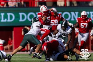 Nebraska Cornhusker quarterback Dylan Raiola (15) runs with the ball against the Michigan State Spartans in the second quarter during a college football game on Saturday, October 4, 2025, in Lincoln, Nebraska. Photo by John S. Peterson.