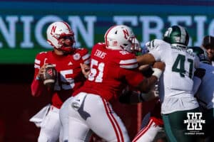 Nebraska Cornhusker quarterback Dylan Raiola (15) throws a pass against the Michigan State Spartans in the second quarter during a college football game on Saturday, October 4, 2025, in Lincoln, Nebraska. Photo by John S. Peterson.