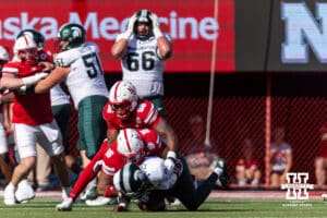 Nebraska Cornhusker defensive lineman Elijah Jeudy (16) sacks Michigan State Spartan quarterback Aidan Chiles (2) in the second quarter during a college football game on Saturday, October 4, 2025, in Lincoln, Nebraska. Photo by John S. Peterson.