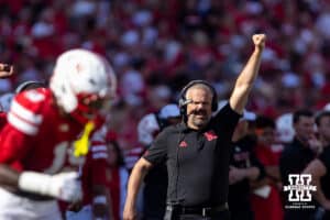 Nebraska Cornhusker head coach Matt Rhule celebrates against the Michigan State Sportans in the first quarter during a college football game on Saturday, October 4, 2025, in Lincoln, Nebraska. Photo by John S. Peterson.
