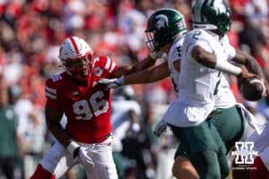 Nebraska Cornhusker defensive lineman Williams Nwaneri (96) puts pressure on Michigan State Spartan quarterback Aidan Chiles (2) in the first quarter during a college football game on Saturday, October 4, 2025, in Lincoln, Nebraska. Photo by John S. Peterson.