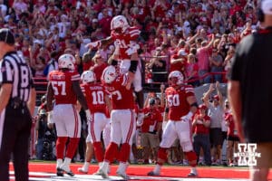 Nebraska Cornhuskers celebrate a touchdown by running back Emmett Johnson (21) in the first quarter against State Spartans during a college football game on Saturday, October 4, 2025, in Lincoln, Nebraska. Photo by John S. Peterson.