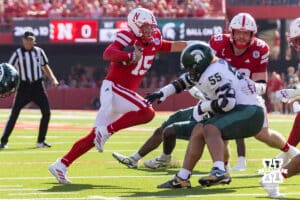 Nebraska Cornhusker quarterback Dylan Raiola (15) runs with the ball against the Michigan State Spartans in the first quarter during a college football game on Saturday, October 4, 2025, in Lincoln, Nebraska. Photo by John S. Peterson.