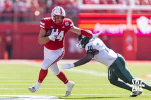 Nebraska Cornhusker tight end Luke Lindenmeyer (44) runs with the ball after a catch against Michigan State Spartan linebacker Wayne Matthews (10) in the first qaurter during a college football game on Saturday, October 4, 2025, in Lincoln, Nebraska. Photo by John S. Peterson.