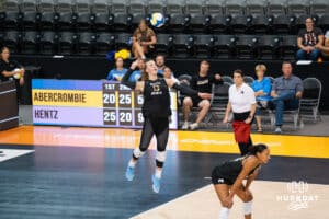 Elise Goetzinger (#13) serves the ball during opening day of Athletes Unlimited Pro Volleyball on Friday, October 3rd, 2025 in Omaha, Nebraska. Photo by Brandon Tiedemann.