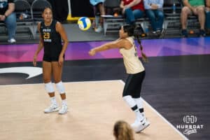 Justine Wong-Orantes (#24) saves a serve during opening day of Athletes Unlimited Pro Volleyball on Friday, October 3rd, 2025 in Omaha, Nebraska. Photo by Brandon Tiedemann.