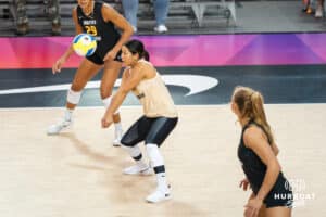 Justine Wong-Orantes (#24) catches the serve during opening day of Athletes Unlimited Pro Volleyball on Friday, October 3rd, 2025 in Omaha, Nebraska. Photo by Brandon Tiedemann.