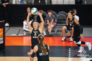 Sydney Hilley (#2) sets the ball during opening day of Athletes Unlimited Pro Volleyball on Friday, October 3rd, 2025 in Omaha, Nebraska. Photo by Brandon Tiedemann.