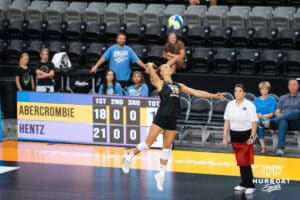Brooke Nuneviller (#50) serves during opening day of Athletes Unlimited Pro Volleyball on Friday, October 3rd, 2025 in Omaha, Nebraska. Photo by Brandon Tiedemann.
