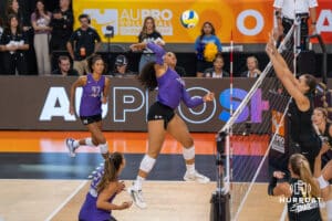 Kayla Caffey (#28) spikes the ball during opening day of Athletes Unlimited Pro Volleyball on Friday, October 3rd, 2025 in Omaha, Nebraska. Photo by Brandon Tiedemann.
