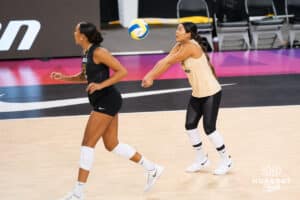 Justine Wong-Orantes (#24) catches the serve during opening day of Athletes Unlimited Pro Volleyball on Friday, October 3rd, 2025 in Omaha, Nebraska. Photo by Brandon Tiedemann.