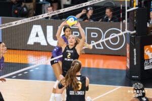 Sydney Hilley (#2) sets the ball during opening day of Athletes Unlimited Pro Volleyball on Friday, October 3rd, 2025 in Omaha, Nebraska. Photo by Brandon Tiedemann.
