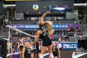Brooke Nuneviller (#50) spikes the ball during opening day of Athletes Unlimited Pro Volleyball on Friday, October 3rd, 2025 in Omaha, Nebraska. Photo by Brandon Tiedemann.