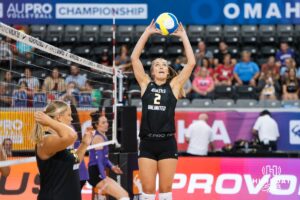 Sydney Hilley (#2) sets the ball during opening day of Athletes Unlimited Pro Volleyball on Friday, October 3rd, 2025 in Omaha, Nebraska. Photo by Brandon Tiedemann.