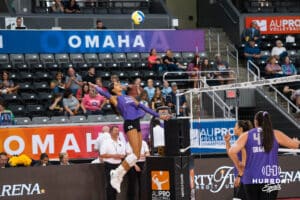 Reagan Cooper (#20) spikes the ball during opening day of Athletes Unlimited Pro Volleyball on Friday, October 3rd, 2025 in Omaha, Nebraska. Photo by Brandon Tiedemann.