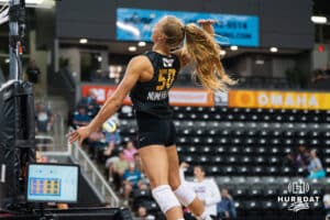 Brooke Nuneviller (#50) waits to spike the ball during opening day of Athletes Unlimited Pro Volleyball on Friday, October 3rd, 2025 in Omaha, Nebraska. Photo by Brandon Tiedemann.