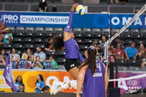 Kayla Caffey (#28) spikes the ball during opening day of Athletes Unlimited Pro Volleyball on Friday, October 3rd, 2025 in Omaha, Nebraska. Photo by Brandon Tiedemann.