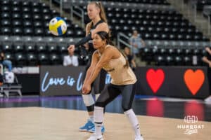 Justine Wong-Orantes (#24) warms up during opening day of Athletes Unlimited Pro Volleyball on Friday, October 3rd, 2025 in Omaha, Nebraska. Photo by Brandon Tiedemann.