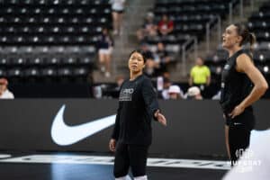 Justine Wong-Orantes (#24) warms up during opening day of Athletes Unlimited Pro Volleyball on Friday, October 3rd, 2025 in Omaha, Nebraska. Photo by Brandon Tiedemann.