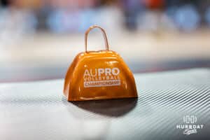A fans cowbell lies on a seat during opening day of Athletes Unlimited Pro Volleyball on Friday, October 3rd, 2025 in Omaha, Nebraska. Photo by Brandon Tiedemann.