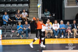 Bethania De La Cruz-Mejía (#81) serves during opening day of Athletes Unlimited Pro Volleyball on Friday, October 3rd, 2025 in Omaha, Nebraska. Photo by Brandon Tiedemann.