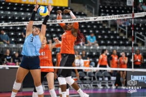 Bethania De La Cruz-Mejía (#81) blocks a spike during opening day of Athletes Unlimited Pro Volleyball on Friday, October 3rd, 2025 in Omaha, Nebraska. Photo by Brandon Tiedemann.