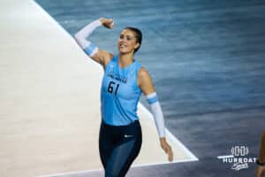 Jaali Winters (#61) throws a ball into the crowd during opening day of Athletes Unlimited Pro Volleyball on Friday, October 3rd, 2025 in Omaha, Nebraska. Photo by Brandon Tiedemann.