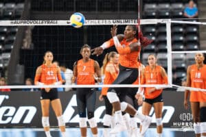 Bethania De La Cruz-Mejía (#81) spikes during opening day of Athletes Unlimited Pro Volleyball on Friday, October 3rd, 2025 in Omaha, Nebraska. Photo by Brandon Tiedemann.