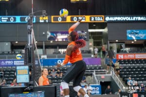 Bethania De La Cruz-Mejía (#81) spikes while warming up during opening day of Athletes Unlimited Pro Volleyball on Friday, October 3rd, 2025 in Omaha, Nebraska. Photo by Brandon Tiedemann.