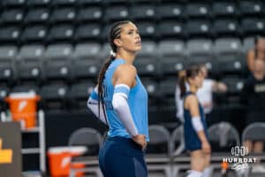 Jaali Winters (#61) warms up before opening day of Athletes Unlimited Pro Volleyball on Friday, October 3rd, 2025 in Omaha, Nebraska. Photo by Brandon Tiedemann.