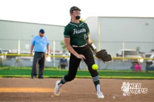 Lincoln Southwest pitcher Maisey Morgan (15) throws the ball to her catcher during a High School Volleyball game, Thursday, October 2nd, 2025, Lincoln, Nebraska. Photo by Braden Cochran.