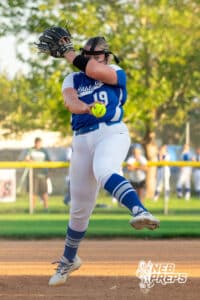 Millard North pitcher Jadyn Pokorny (19) winds up for a pitch against a Lincoln Southwest batter during a High School Volleyball game, Thursday, October 2nd, 2025, Lincoln, Nebraska. Photo by Braden Cochran.