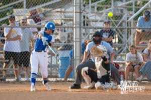 A Millard North batter makes contact with the pitch, although it results in a foul ball during a High School Volleyball game on Thursday, October 2, 2025, in Lincoln, Nebraska. Photo by Braden Cochran.