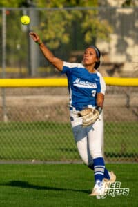 Millard North outfielder Courtney Anthony (3) heaves the ball back in to home plate during a High School Volleyball game, Thursday, October 2nd, 2025, Lincoln, Nebraska. Photo by Braden Cochran.