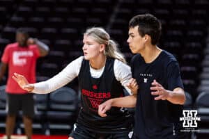 Nebraska Cornhusker Jessica Petrie (12) guarding during practice on Thursday, October 2, 2025, in Lincoln, Nebraska. Photo by John S. Peterson.