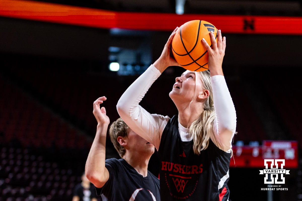 Nebraska Cornhusker Jessica Petrie (12) makes a layup during practice on Thursday, October 2, 2025, in Lincoln, Nebraska. Photo by John S. Peterson.