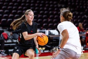 Nebraska Cornhusker Claire Johnson (5) dribbles the ball against Marissa Kastanek during practice on Thursday, October 2, 2025, in Lincoln, Nebraska. Photo by John S. Peterson.