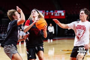 Nebraska Cornhusker Britt Prince (23) drives to the basket during practice on Thursday, October 2, 2025, in Lincoln, Nebraska. Photo by John S. Peterson.