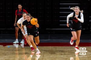 Nebraska Cornhusker Callin Hake (14) drills away from graduate assistant Marissa Kastanek during practice on Thursday, October 2, 2025, in Lincoln, Nebraska. Photo by John S. Peterson.