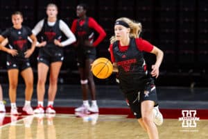 Nebraska Cornhusker Britt Prince (23) dribbles the ball down the court during practice on Thursday, October 2, 2025, in Lincoln, Nebraska. Photo by John S. Peterson.