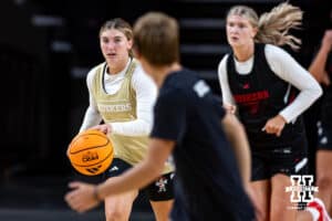 Nebraska Cornhusker Logan Nissley (2) dribbles the ball down the court during practice on Thursday, October 2, 2025, in Lincoln, Nebraska. Photo by John S. Peterson.