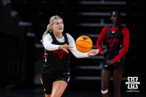 Nebraska Cornhusker Jessica Petrie (12) makes a pass during practice on Thursday, October 2, 2025, in Lincoln, Nebraska. Photo by John S. Peterson.