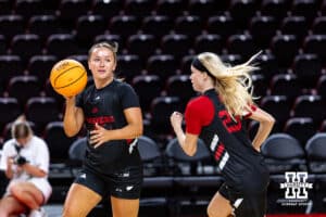 Nebraska Cornhusker Callin Hake (14) makes a pass during practice on Thursday, October 2, 2025, in Lincoln, Nebraska. Photo by John S. Peterson.