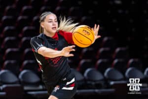 Nebraska Cornhusker Emily Fisher (34) makes a pass during practice on Thursday, October 2, 2025, in Lincoln, Nebraska. Photo by John S. Peterson.