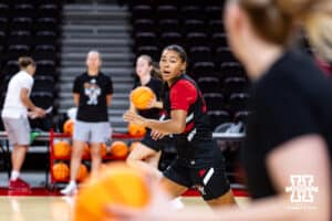 Nebraska Cornhusker Amiah Hargrove (33) running a passing drill during practice on Thursday, October 2, 2025, in Lincoln, Nebraska. Photo by John S. Peterson.