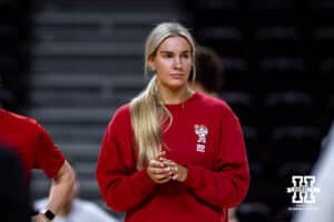 Nebraska Cornhusker Natalie Potts (22) listens to Nebraska Cornhusker head coach Amy Williams during practice on Thursday, October 2, 2025, in Lincoln, Nebraska. Photo by John S. Peterson.