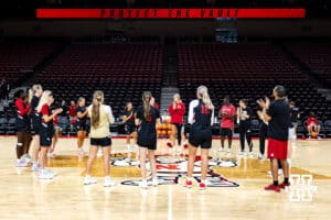 Nebraska Cornhuskers gather at center court during practice on Thursday, October 2, 2025, in Lincoln, Nebraska. Photo by John S. Peterson.