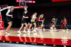 Nebraska Cornhuskers warming up during practice on Thursday, October 2, 2025, in Lincoln, Nebraska. Photo by John S. Peterson.