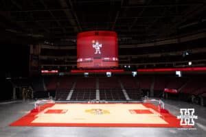 Nebraska Cornhuskers have a new basketball court and scoreboard during practice on Thursday, October 2, 2025, in Lincoln, Nebraska. Photo by John S. Peterson.